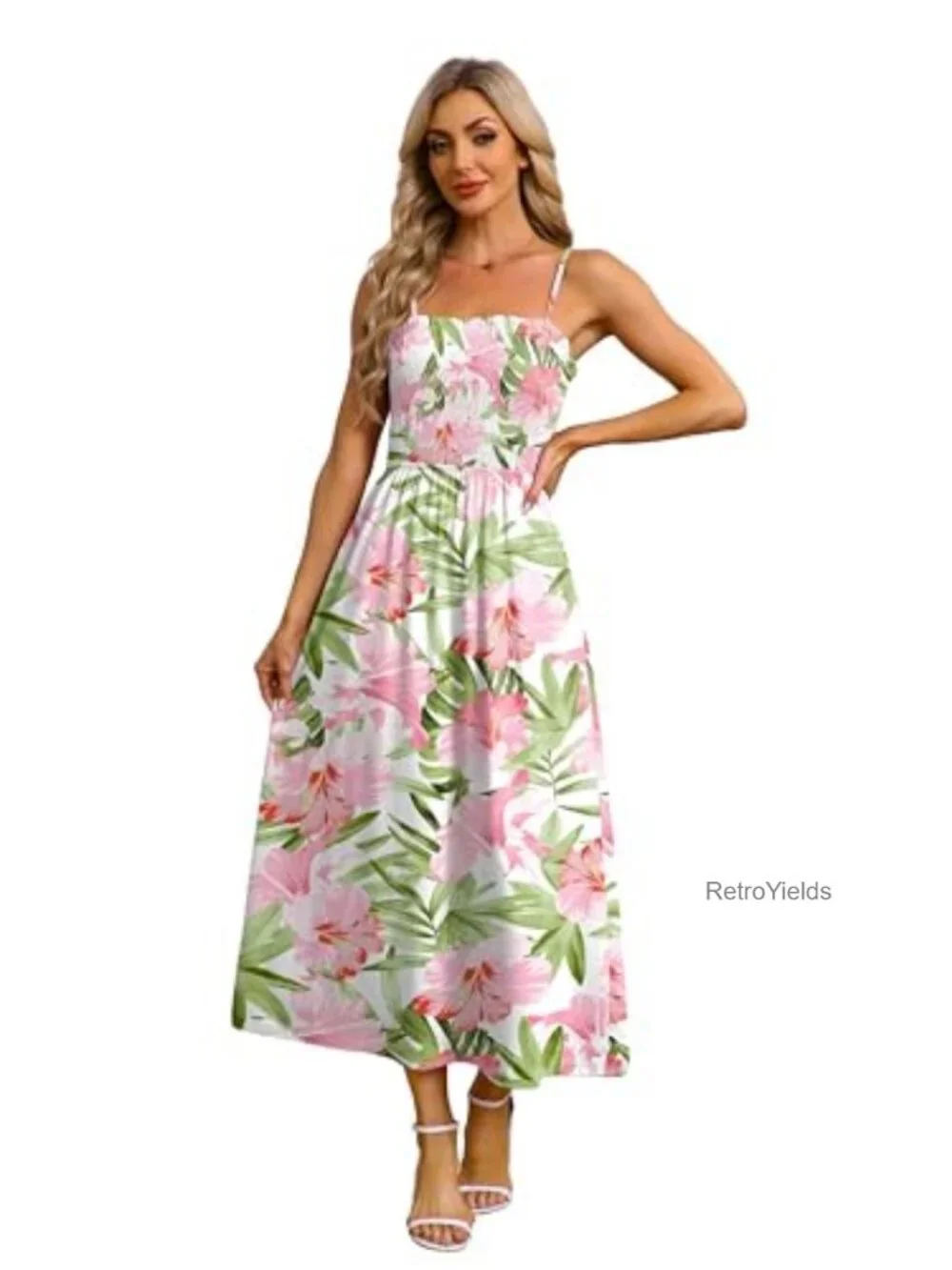 OFEEFAN Spaghetti Strap Maxi Dress Smocked with Pockets Polyester Spandex